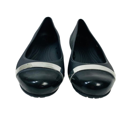 Crocs Slip On Ballet Flats Shoes Size 8 Matte Black Mirror Cap Toe Comfort - Picture 9 of 12